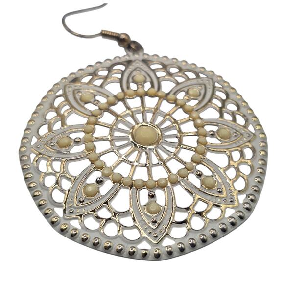 Earrings Boho Dangle Silver Tone Gold Mandala Filigree Round Drop SKU2412 - Picture 6 of 7